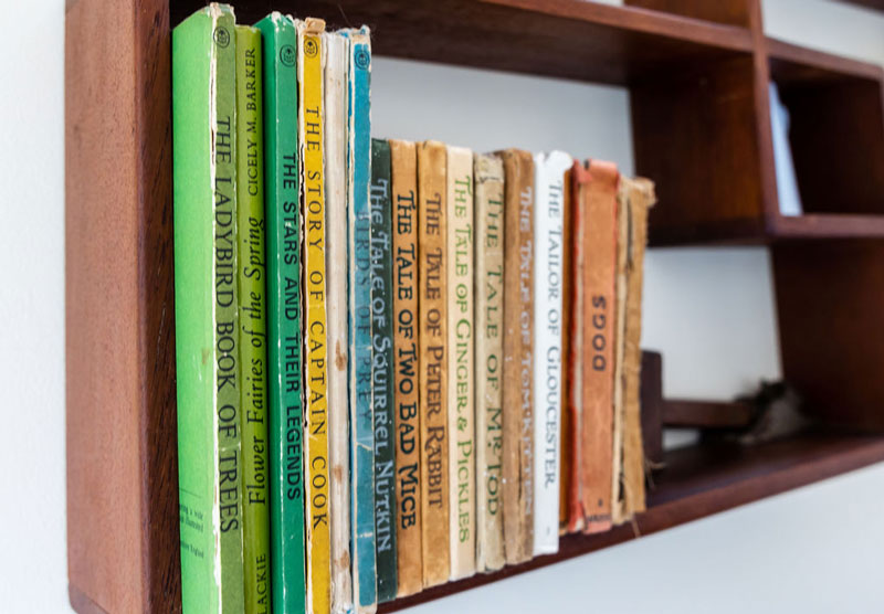 A row of children's books on a shelf to show writer Alison Harmer's love of books