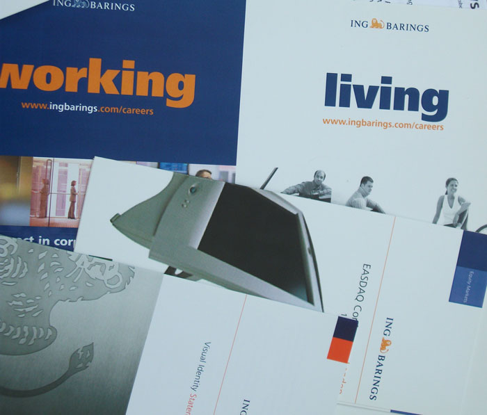 Assorted printed brochures and leaflets produced for ING Barings in 2000 by Alison Harmer.