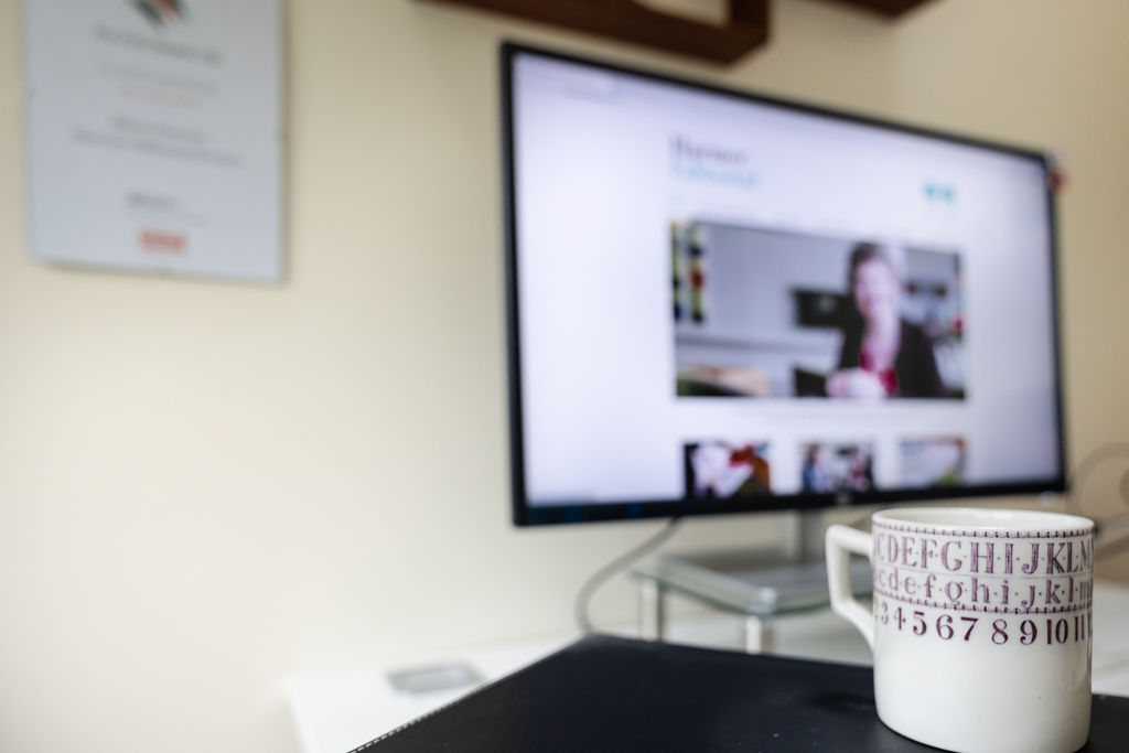 Copywriting services, tea with Alison Harmer on screen