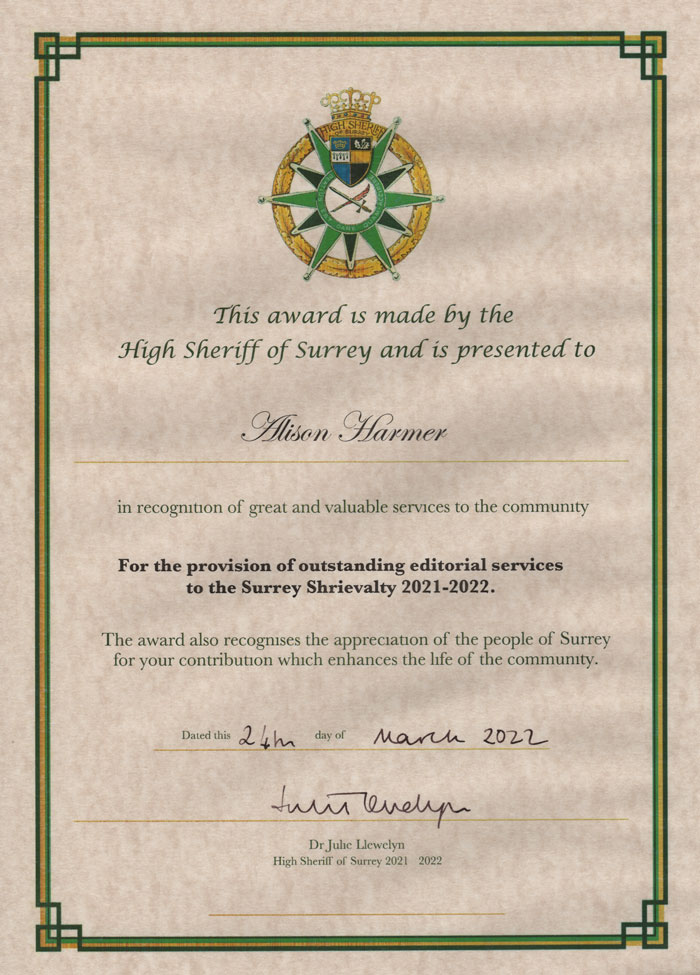 Freelance copywriter award certificate from the High Sheriff of Surrey, featuring the green and gold logo at the top presented to Alison Harmer in recognition of great and valuable services to the community.