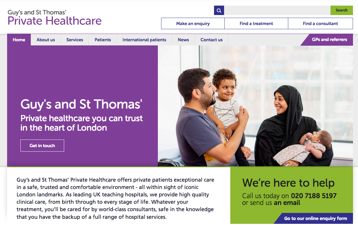 Guy's and St Thomas' Private Healthcare web page from 2018